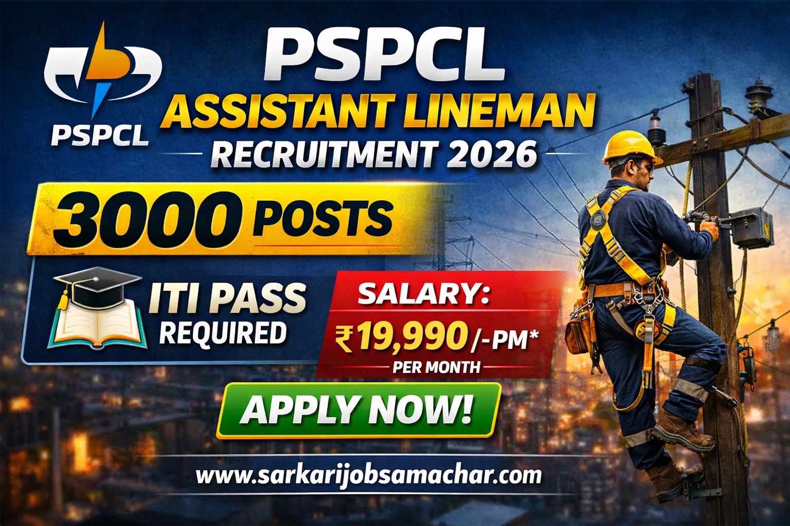 Punjab State Power Corporation Limited (PSPCL) Assistant Lineman (ALM) Recruitment 2026 – 3000 Posts